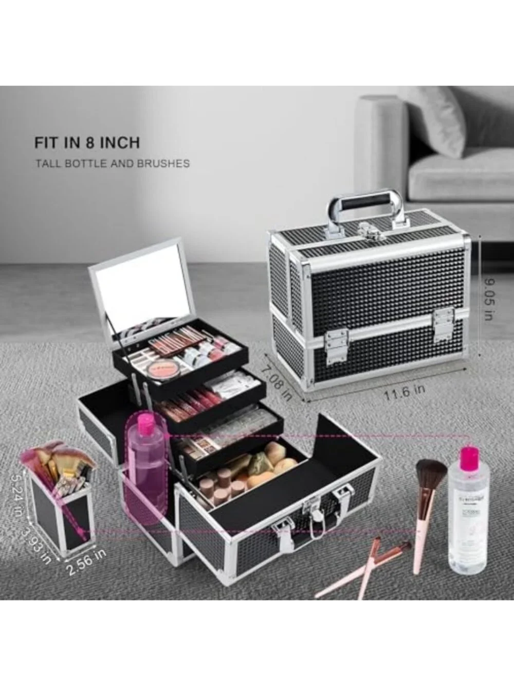3-Tray Makeup Case with Mirror & Brush Holder - Stylish Black Organizer